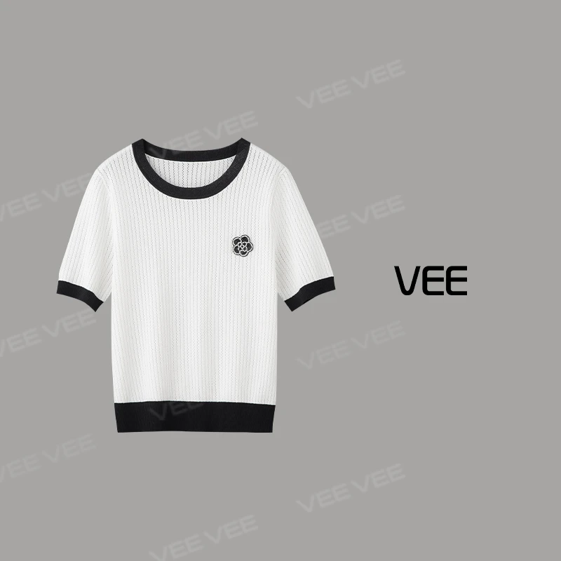 短视频VEE【白山茶】25夏新品时尚百搭小香风撞色边短袖套头针织衫