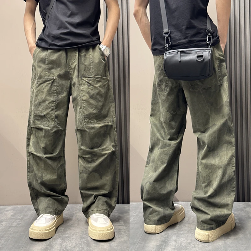 2025秋季美式痞帅新款多口袋阔腿宽松户外休闲裤男士迷彩伞兵长裤