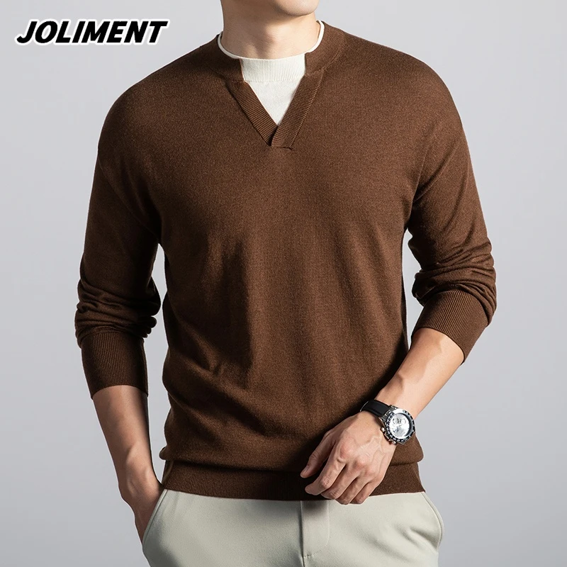 JOLIMENT设计感拼接撞色假两件圆领针织衫男秋季内搭套头打底毛衣