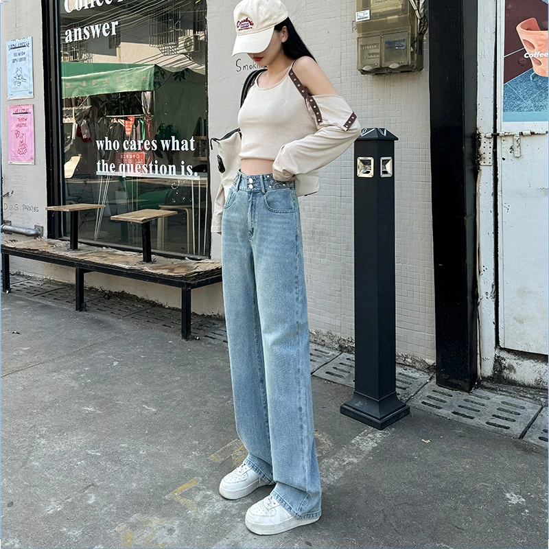 浅色拖地裤高腰窄版阔腿裤2025新款百搭女士小个子宽松舒适牛仔裤