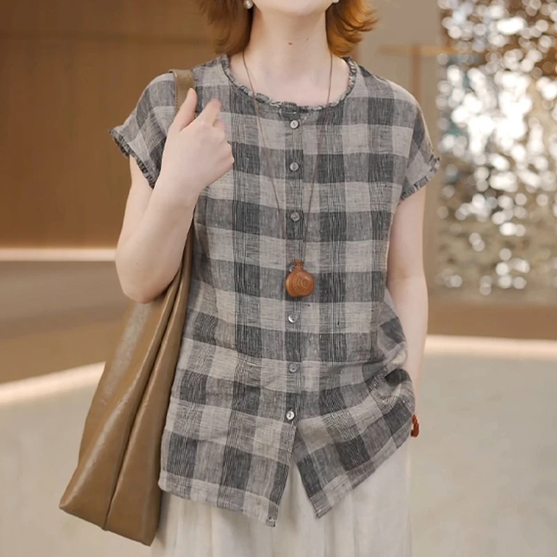 宽松女生夏季短袖新款黑白格印花休闲百搭T恤文艺复古坎肩小衫