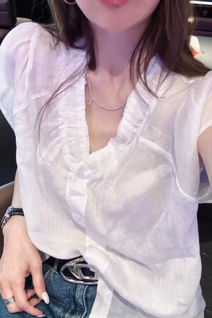 5523#V领薄款夏季宽松女装衬衣压褶衬衫不褪色荷叶边