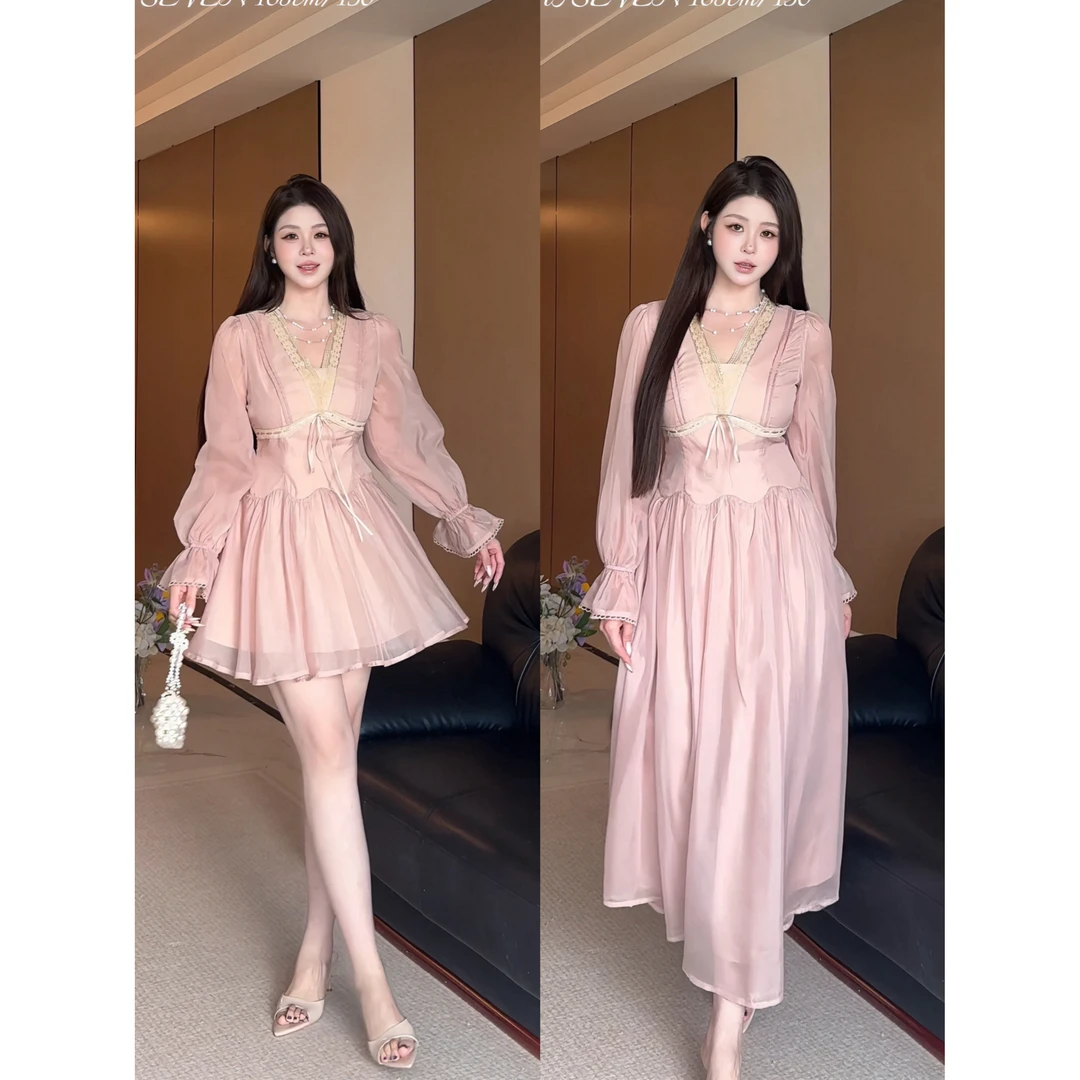 白77-大码女装早秋新款淑女时尚收腰轻奢短款长袖v领连衣裙12948