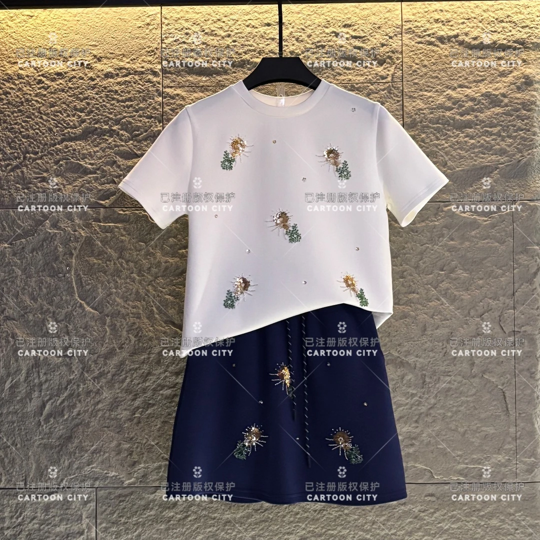 豆豆WMA-A179<减龄系列>丨<手缝亮片珠花>宽松版夏季T恤短裙套装