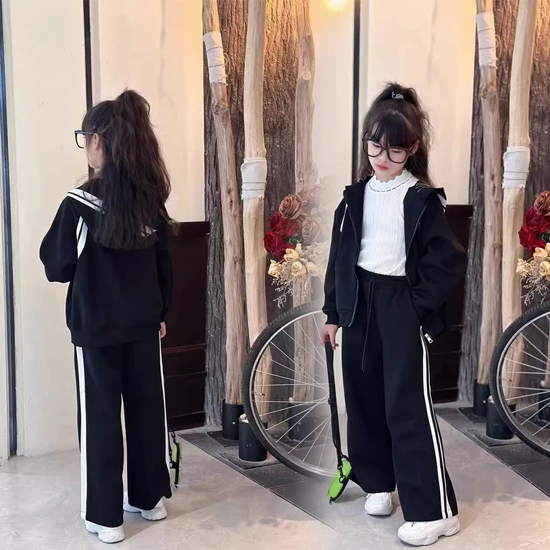 女童秋装韩版洋气时尚连帽拉链外套新款套装休闲长裤两件套童装潮