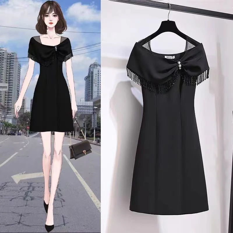 露肩拼接法式网纱荷叶边钉珠收腰显瘦小众连衣裙女装2025夏季新款