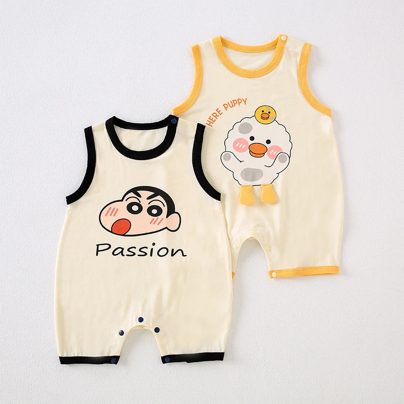 婴儿莱赛尔卡通连体衣夏季薄款无袖背心哈衣新生儿衣服宝宝夏装