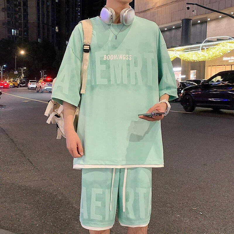 夏季新款韩风宽松冰丝印花短袖休闲运动套装男潮