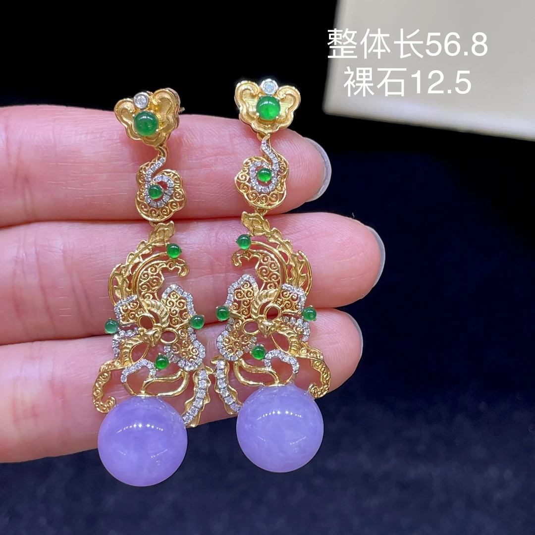 天然翡翠缅A冰种紫罗兰圆珠耳环18K金，供应链下单咨询货品在否？