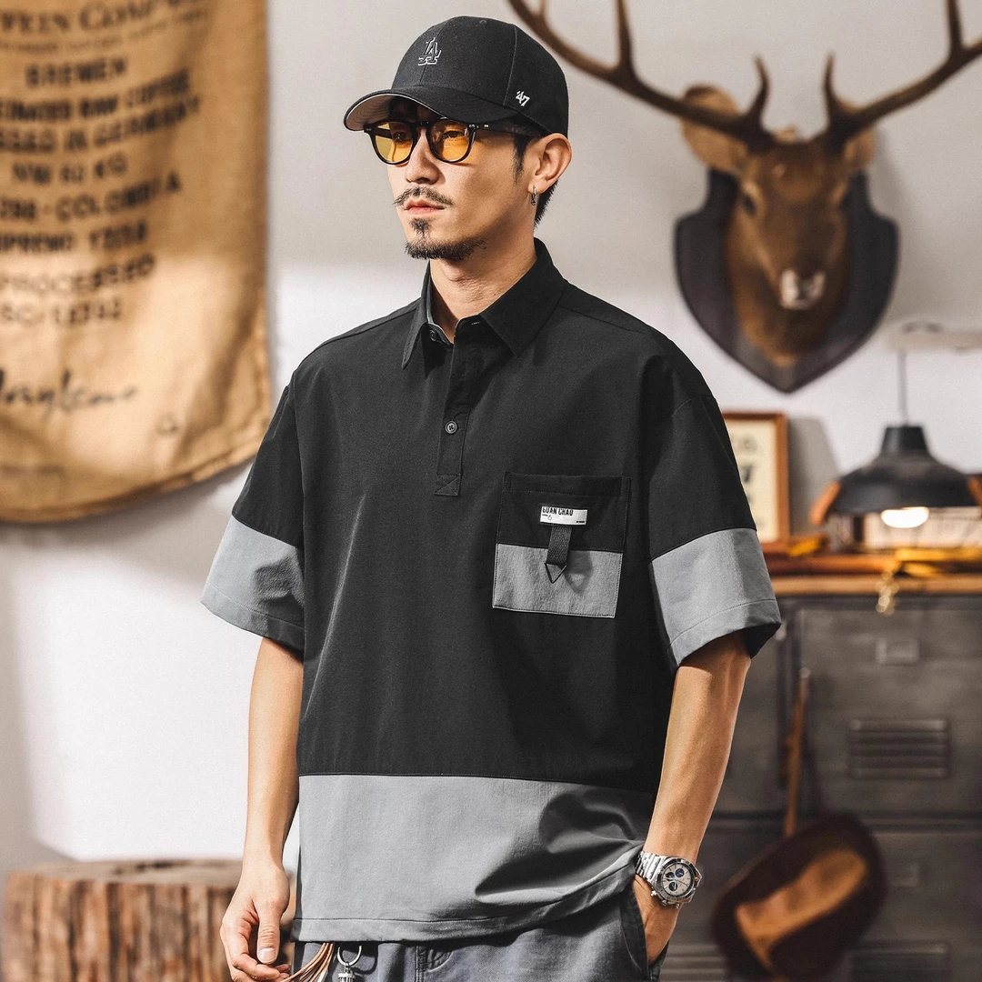 美式复古运动机能速干polo衫男款夏季潮牌撞色短袖t恤男宽松上衣