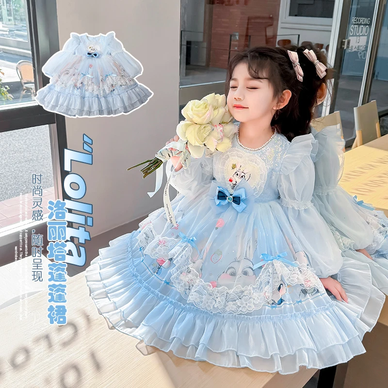 2025春季新款女童公主裙洋气时髦春装儿童洛丽塔裙子蓝色女宝春装
