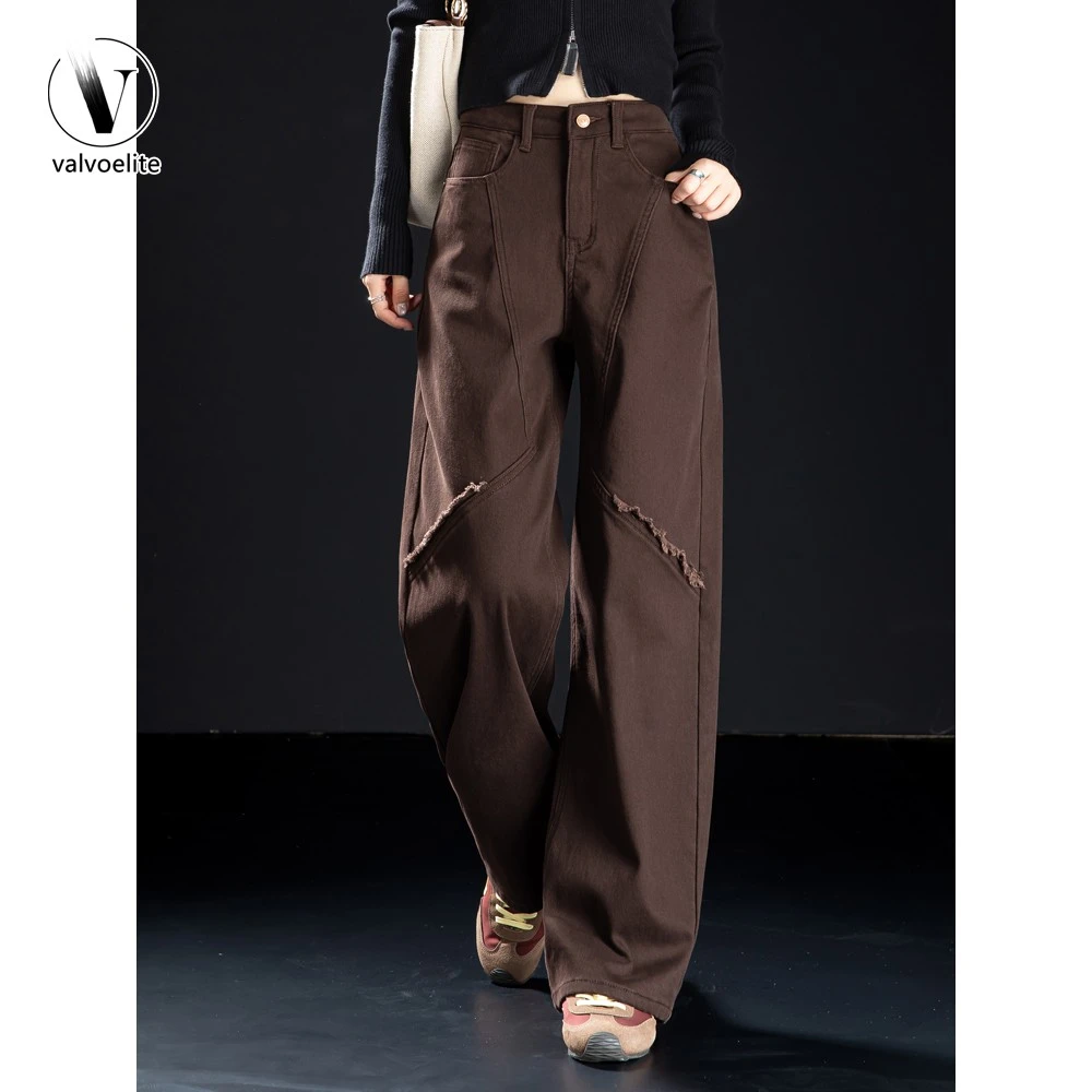 VALVOELITE咖啡色加绒牛仔裤女新款冬季高腰窄版直筒裤时尚弯刀裤