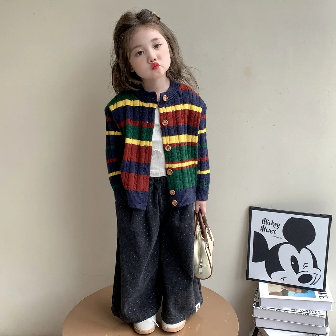 女童毛衣秋季2025新款洋气宝宝彩色条纹针织开衫儿童时髦百搭外套