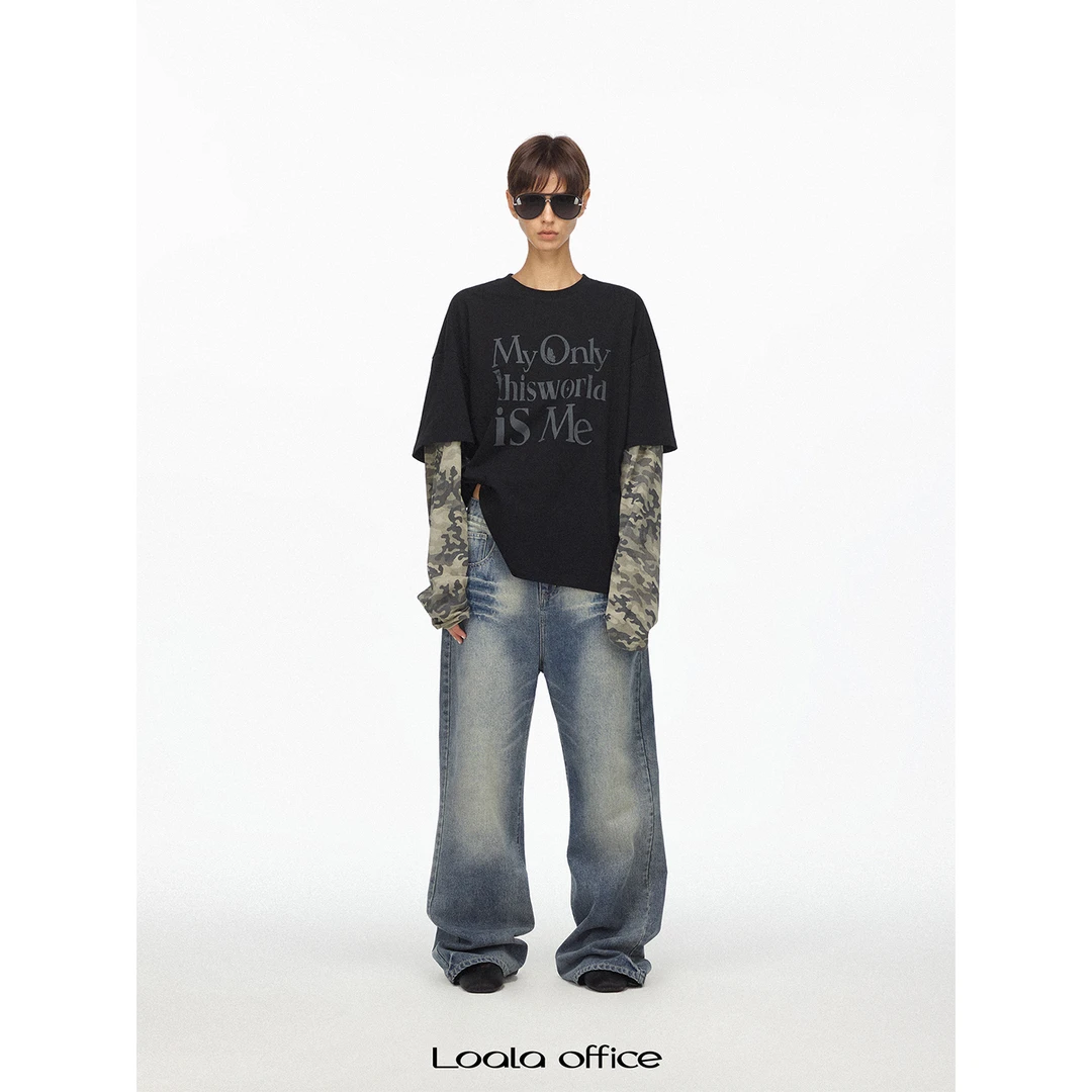 Loala office 美式街头感迷彩假两件印花长袖