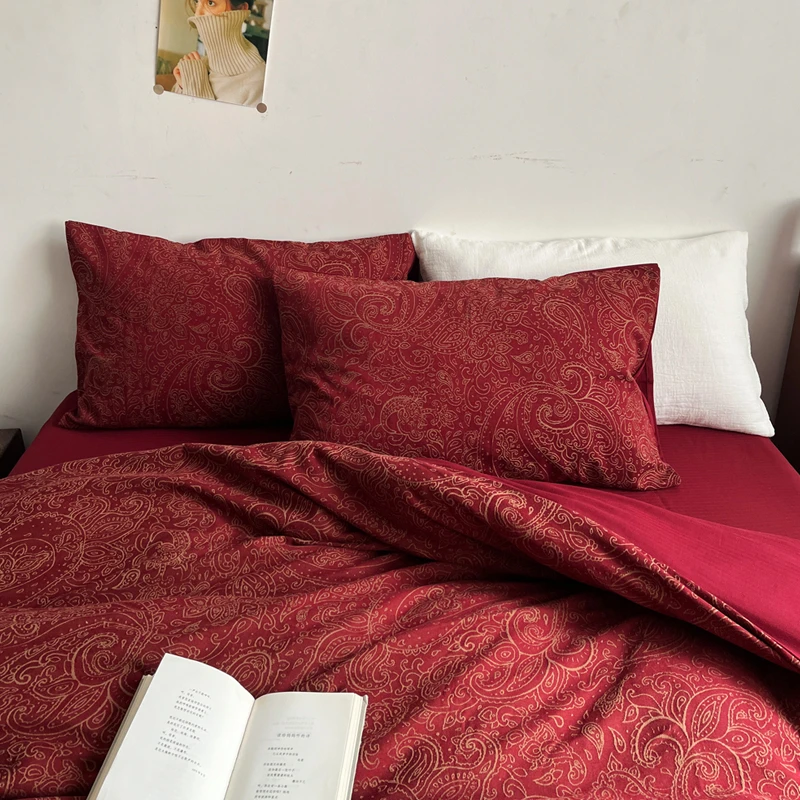 欧式高级感全棉红色空气提花四件套 A类纯棉被套床单床上用品结婚