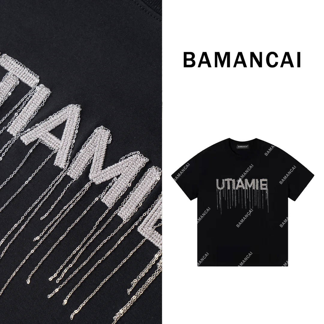 Bamancai-设计感小众字母烫钻流苏拼接百搭时尚短袖女T恤上衣新款