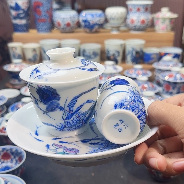 单翠三件套斗彩手绘