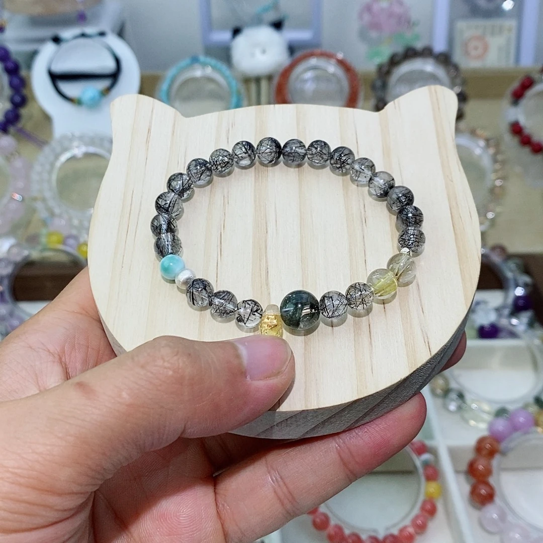 银S925镶嵌手链水晶黑发晶手串+绿幽灵