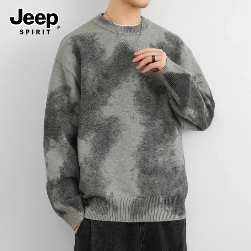吉普圆领毛衣男秋冬季日系复古慵懒风打底针织衫宽松休闲潮流线衣