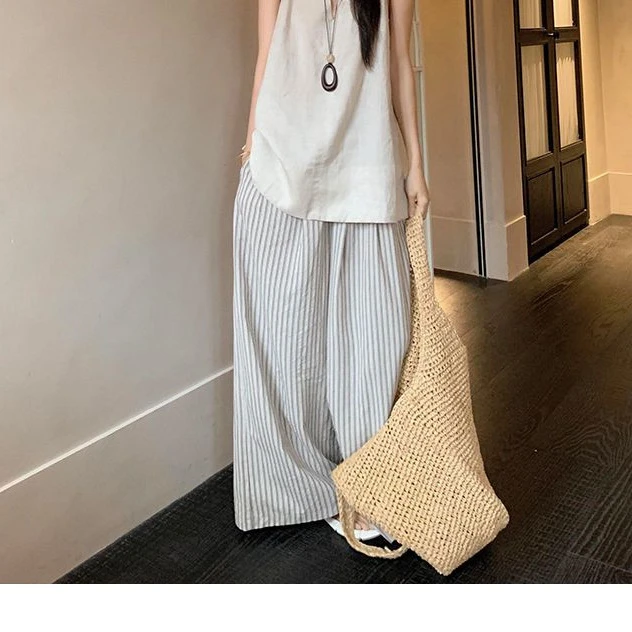 韩系时尚简约条纹阔腿裤套装休闲宽松显瘦百搭2025年新款两件套女
