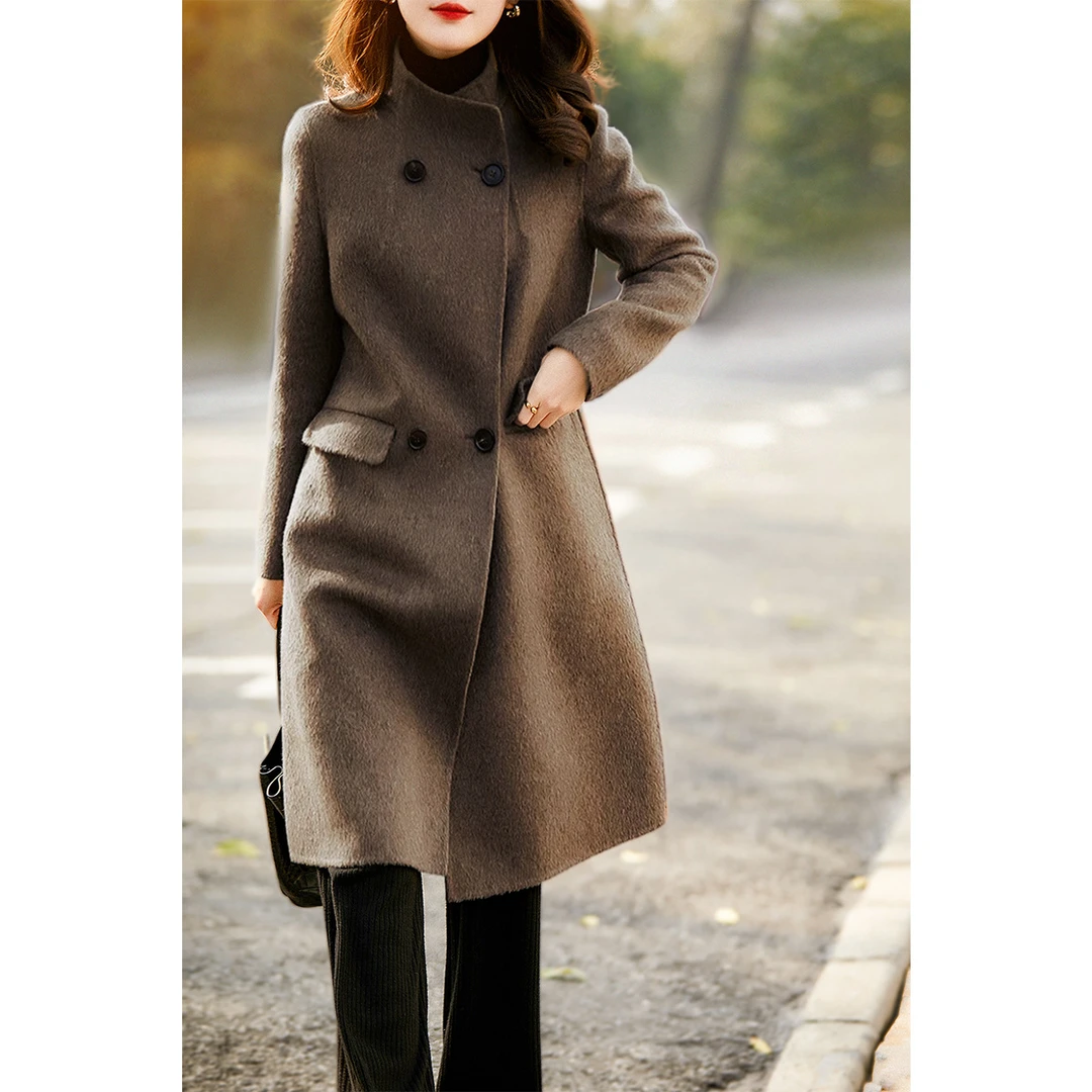 新款羊驼毛双面呢气质涵养 双排扣系带 羊毛大衣女