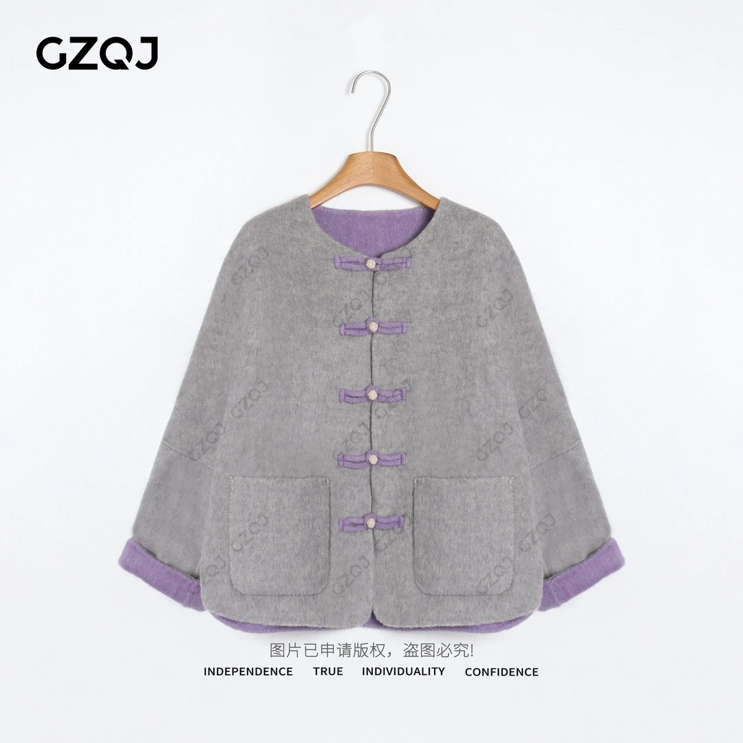 老琴私服【紫晶恋语】国风盘扣绵羊毛兔毛桑蚕丝毛呢外套女秋冬734