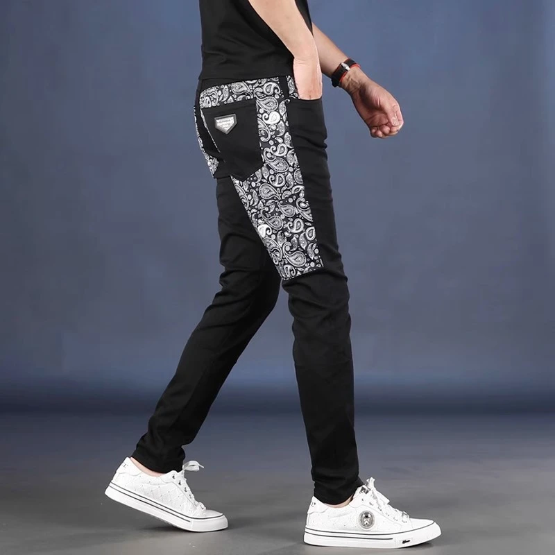 黑色牛仔裤男款爆款2025新款夏季薄款修身小脚拼接印花弹力裤子男