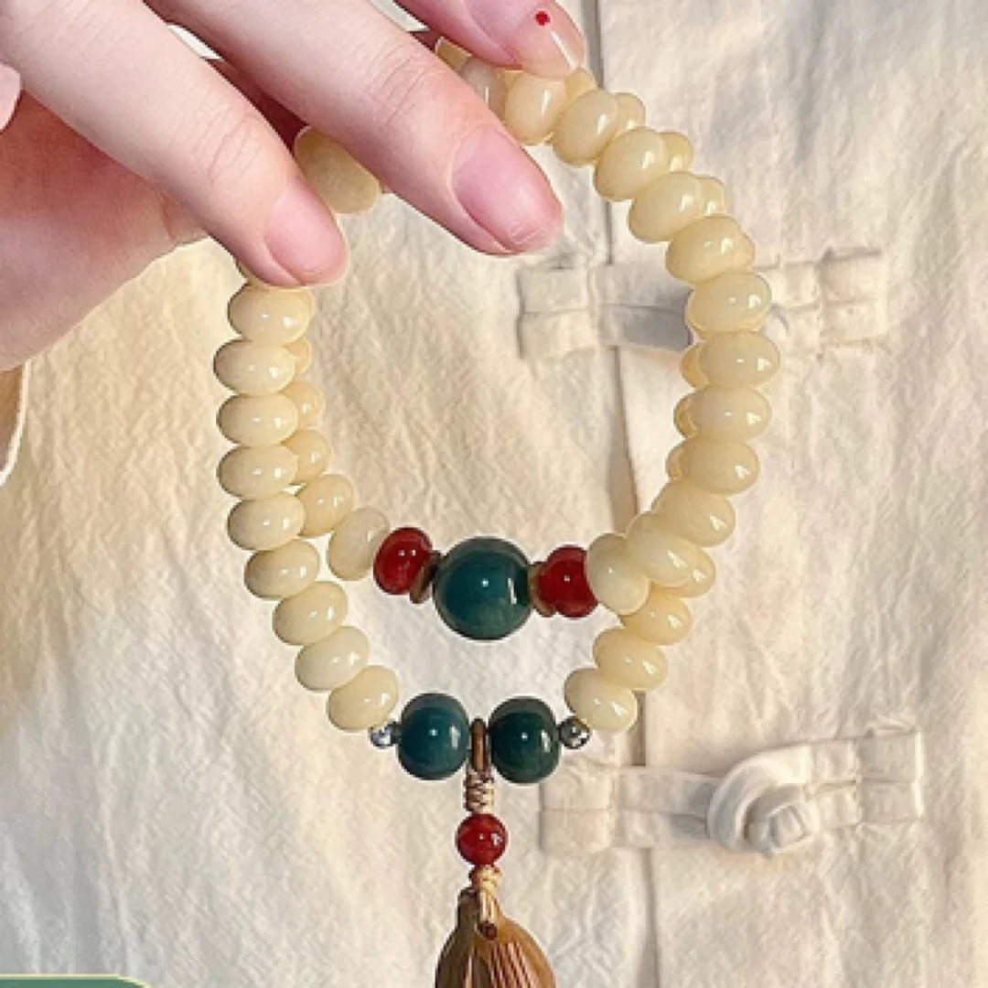 山川雅玩严选-奶油黄玉化菩提根手串-10359（无礼盒）