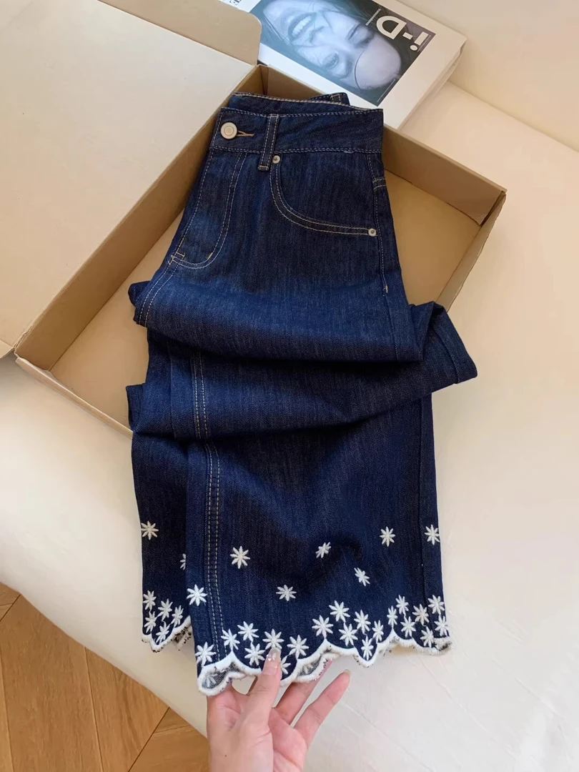 雪花刺绣莱赛尔天丝直筒牛仔裤子女夏季薄款大码高腰九分阔腿裤子