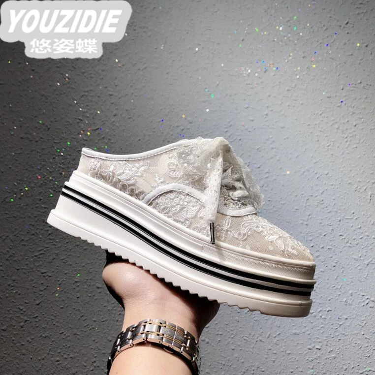 欧洲站内增高女鞋2025厚底系带休闲蕾丝松糕鞋包头懒人半拖鞋7cm