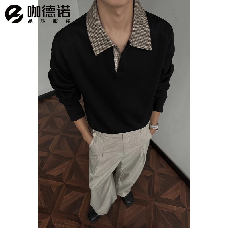 2025夏季新款千鸟格拼接长袖男休闲百搭老钱风痞帅宽松打底衫上衣