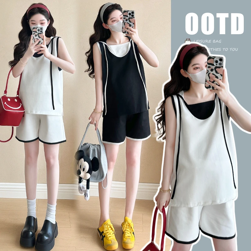 时髦孕妇装夏季新款韩版宽松休闲连帽拼接假两件显瘦款小个子套装