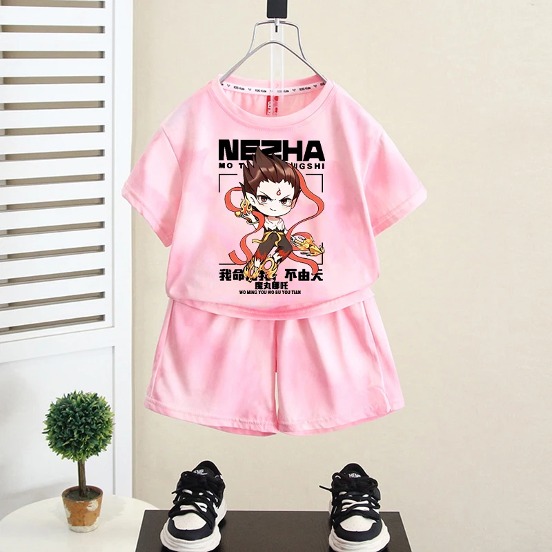 爆款哪吒套装卡通动漫扎染童装夏季套装短袖短裤T恤中小童两件套