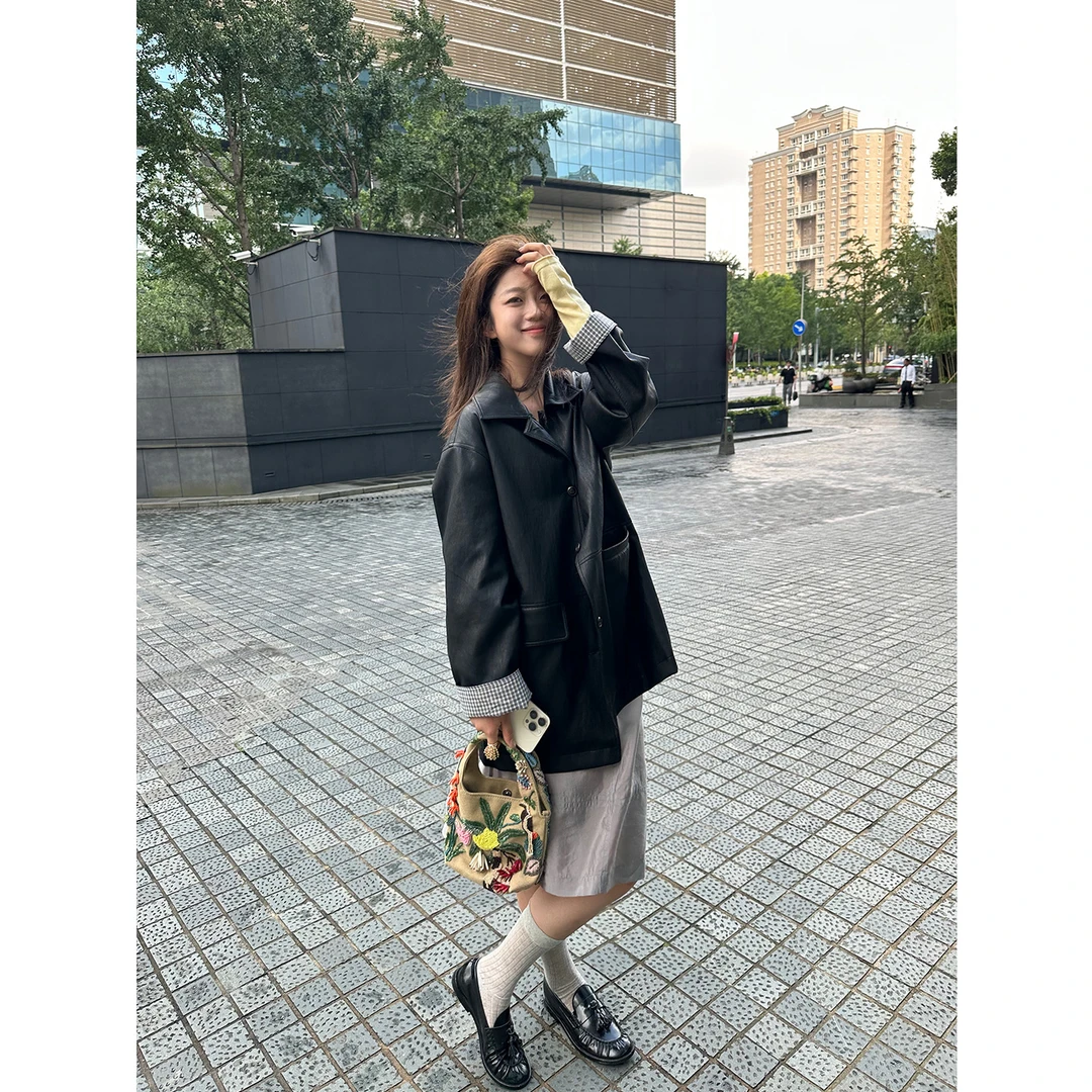 Multi Math街头旧刊/皮衣外套25秋冬新质感休闲袖口格纹翻边廓版