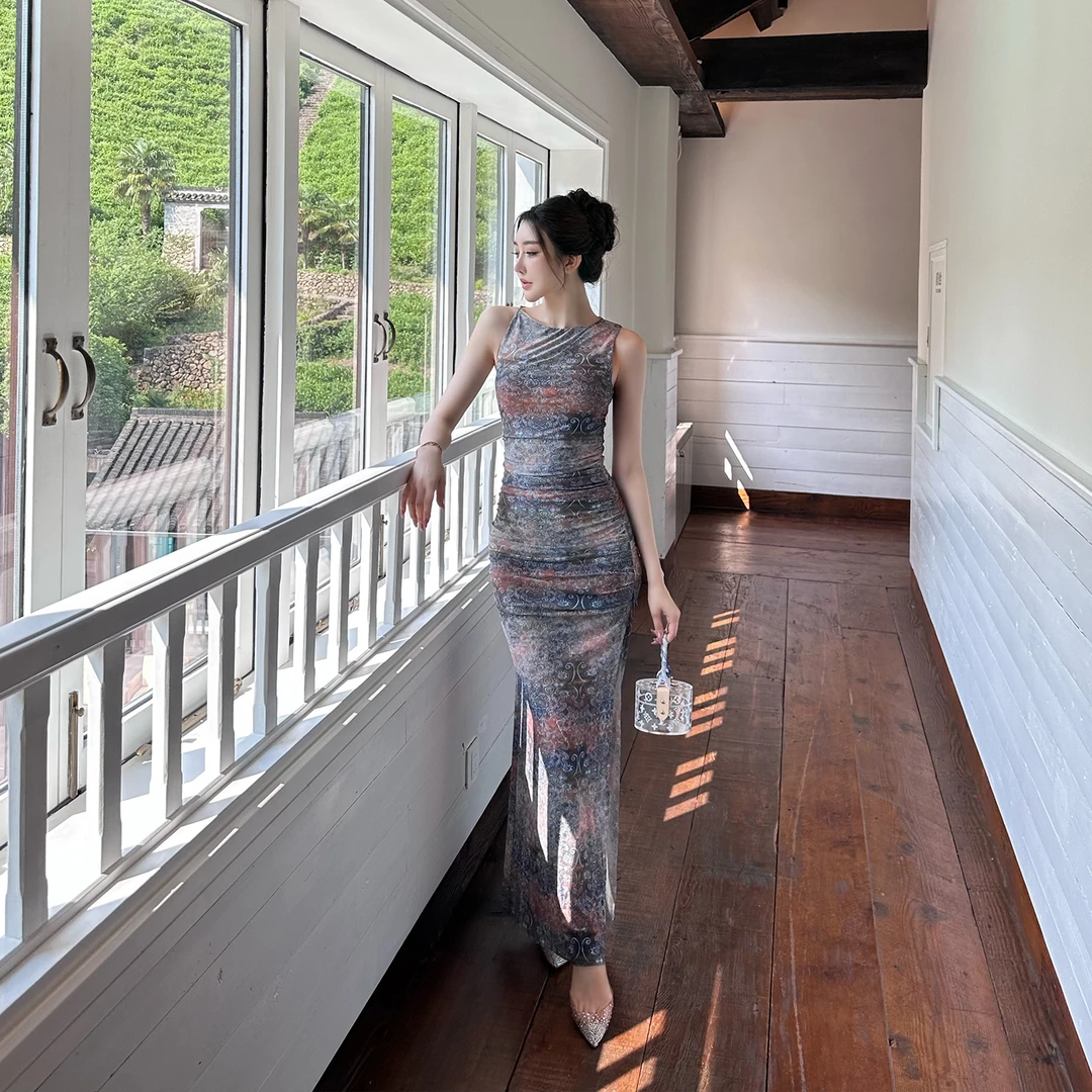 SX善喜气质优雅圆领印花连衣裙不对称开叉收腰显瘦性感长款包臀裙