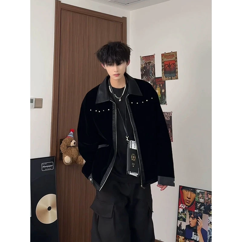 铆钉绒面巴恩风外套男款春秋翻领工装夹克cleanfit美式复古棒球服