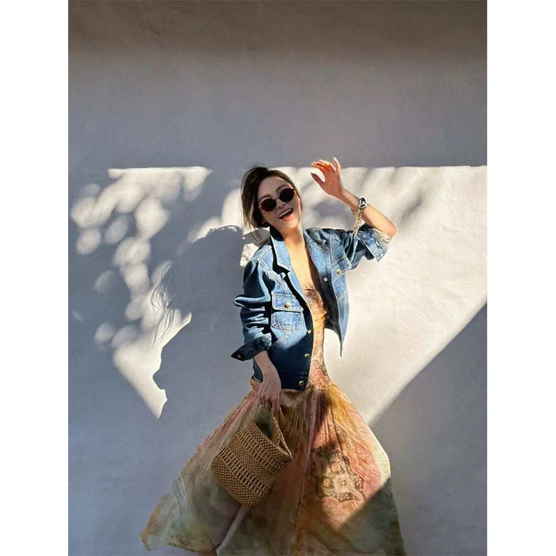 法式时尚高级感宽松显瘦长袖牛仔外套气质复古晕染V领吊带连衣裙