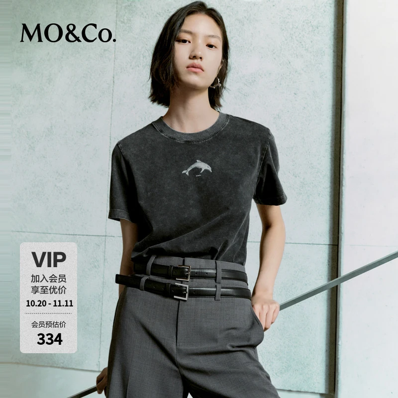 MOCO短袖T恤春夏酵洗斑驳褪色棉质骨位磨白海豚印花MBD2TEEK07