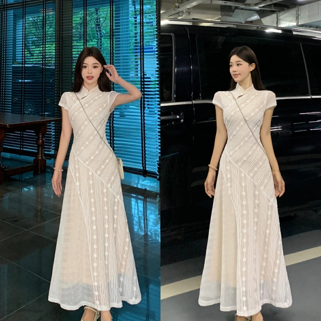 2025大码夏季国风新中式条纹提花旗袍名媛气质收腰显瘦性感连衣裙