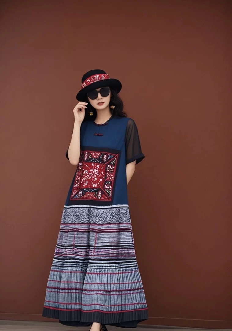 【春晖】绣龙纹棉麻提花料拼接腊染印染民族风长款无袖中国风连衣裙