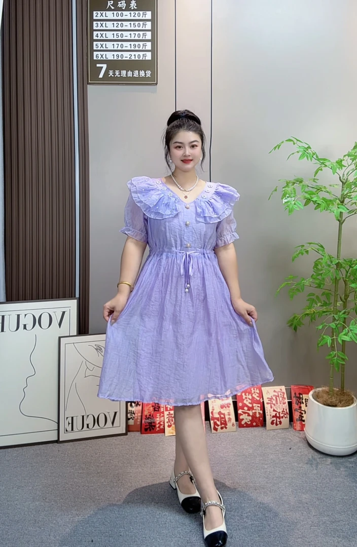 佳奇家8682收腰系带泡泡袖百搭重工娃娃领大码连衣裙显瘦气质女