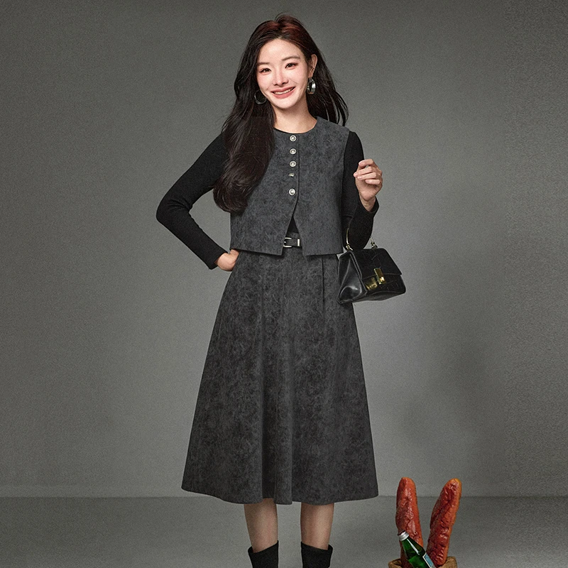 54ZK0U0001单排扣马甲+拼色中长裙两件套装女2025冬