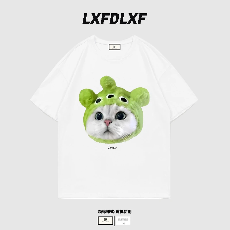 清【绿猫头】男女同款LXF直喷工艺白色夏季可爱短袖t恤宽松情侣