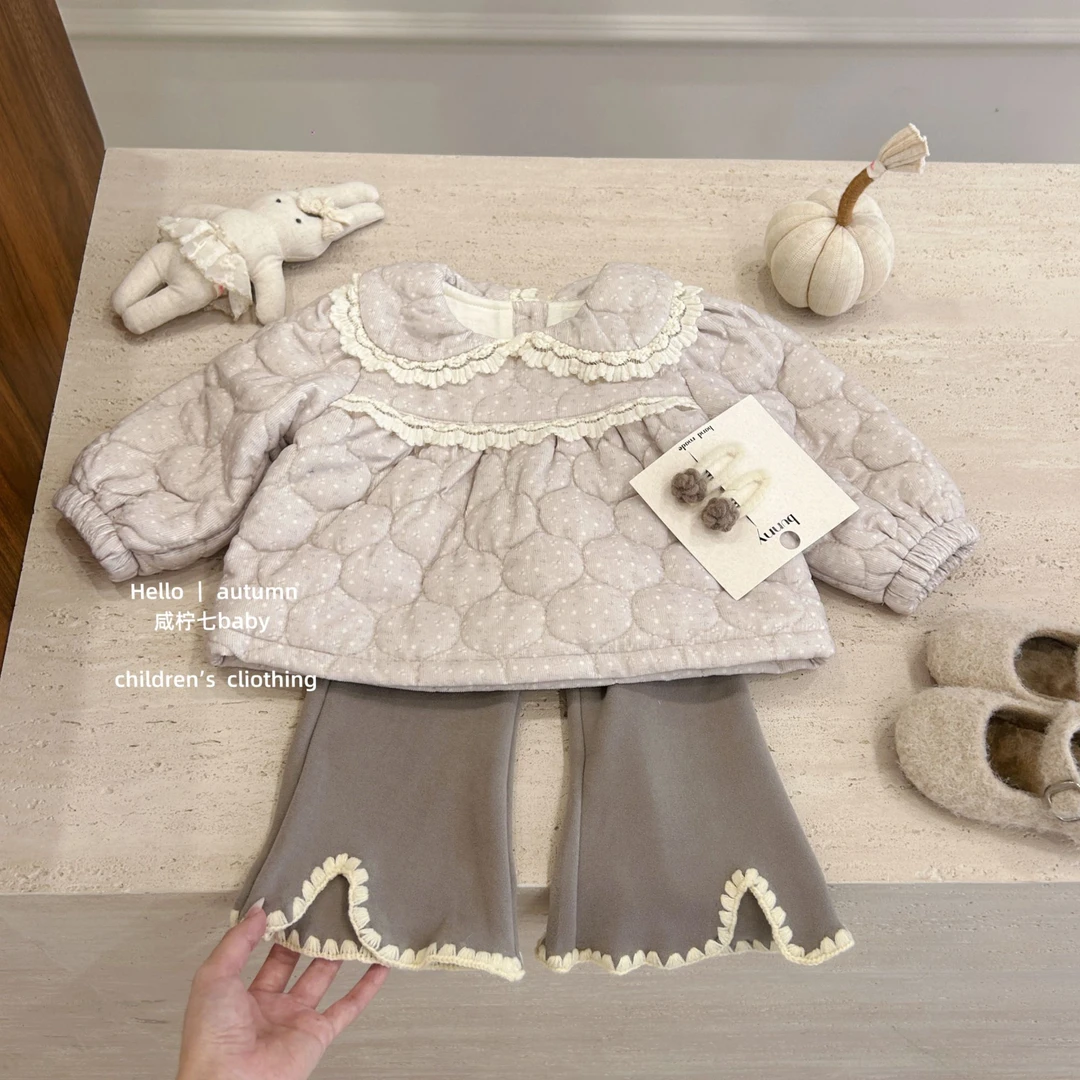 【咸柠七】女童宝宝套装花边碎花棉服外套加绒休闲裤秋冬韩系两件套
