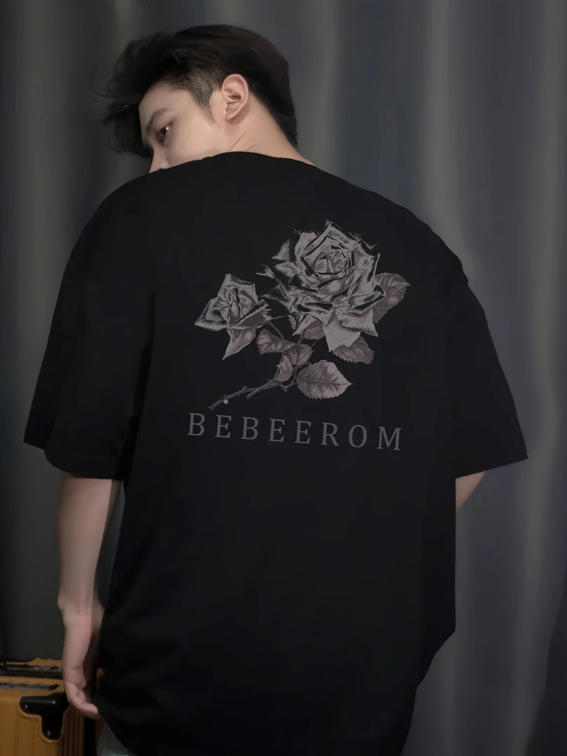 国潮牌美式复古玫瑰花短袖夏季男士高街纯棉T恤休闲男女圆领上衣