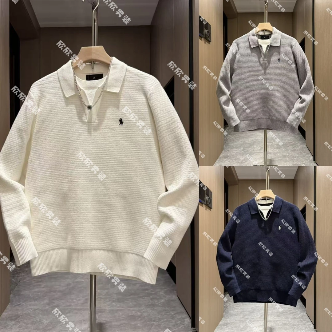 潮牌老钱风干净帅气针织翻领假两件提花刺绣品质男士上衣