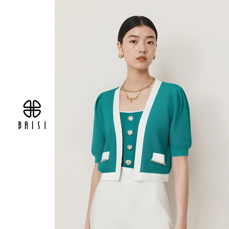 BAISI/百丝设计师轻奢短外套开襟气质飞飞袖夏季针织短款拼接