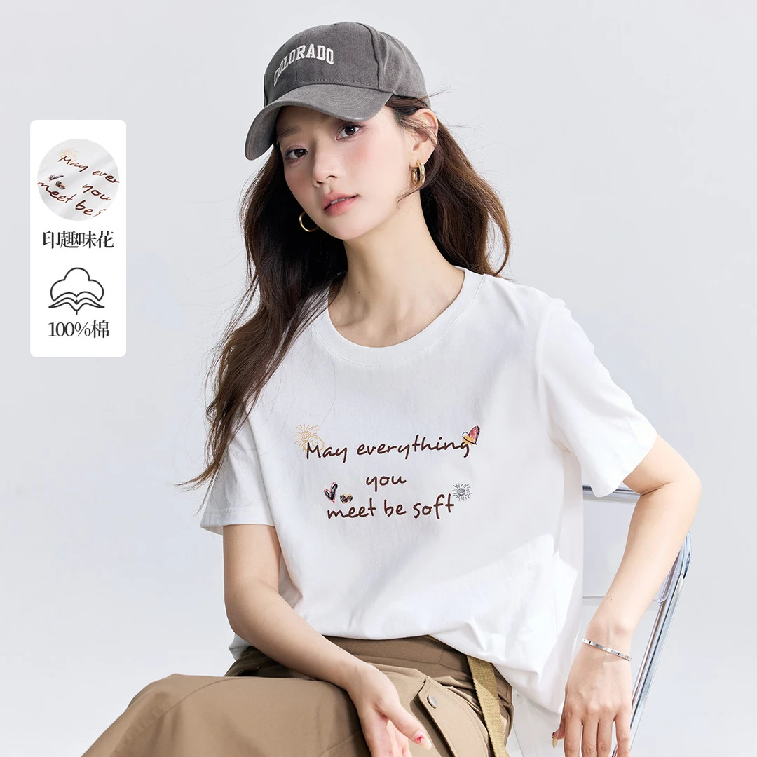 纯棉百搭字母T恤女2025夏季时尚休闲宽松显瘦套头短袖上衣