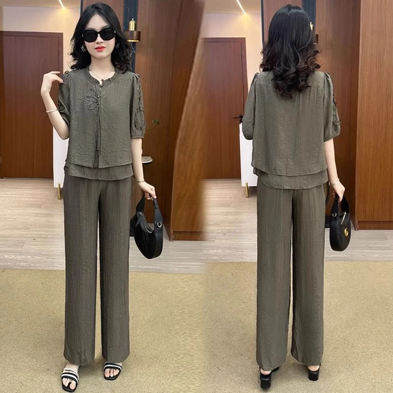 时尚套装女2025夏季新款时髦洋气遮肚子显瘦中袖上衣阔腿裤两件套