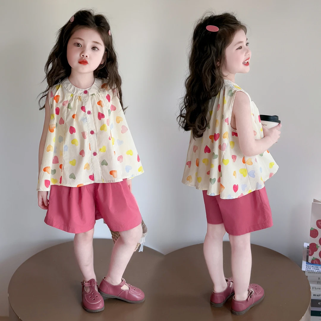 小女孩夏装洋气女童爱心娃娃衫套装薄款儿童女宝宝背心短裤两件套